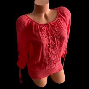 Byer California Coral Peasant Top with Embroidery